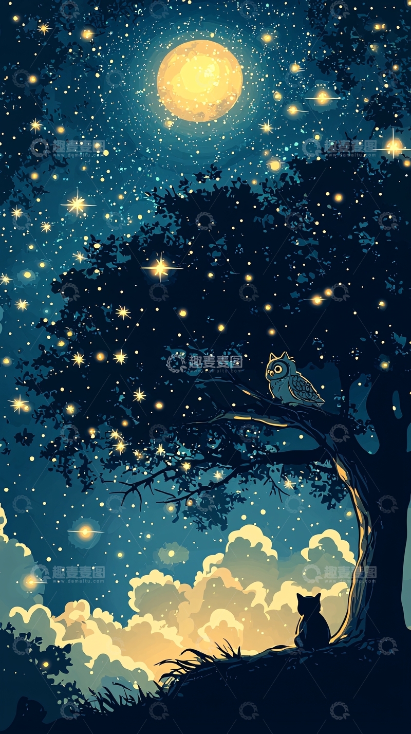 高清大图下载【趣麦麦图】星空树下猫头鹰