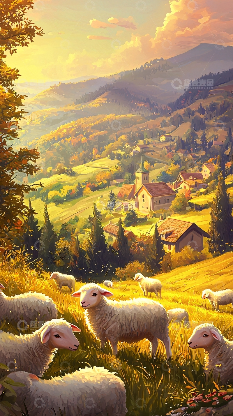 高清大图下载【趣麦麦图】夕阳下的山村与绵羊