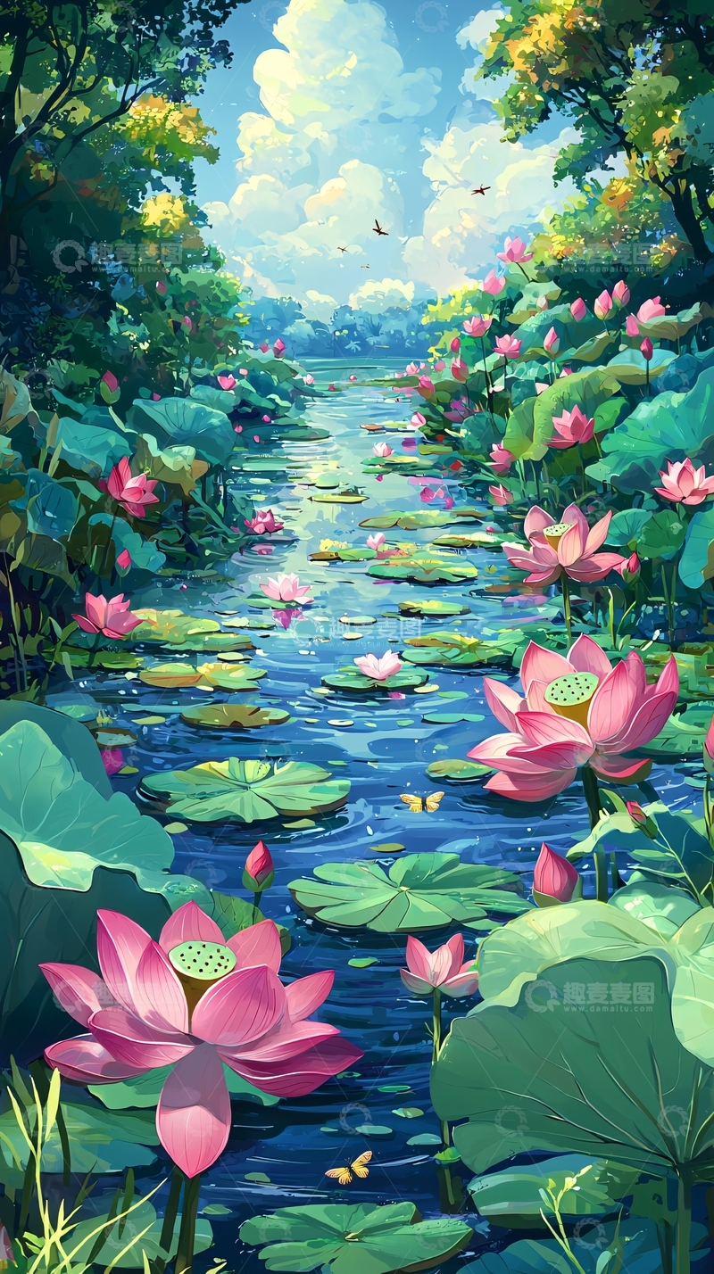 高清大图下载【趣麦麦图】梦幻般荷花盛开的溪流