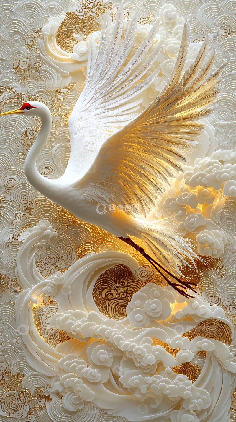 高清大图下载【趣麦麦图】白鹤飞翔于祥云之上