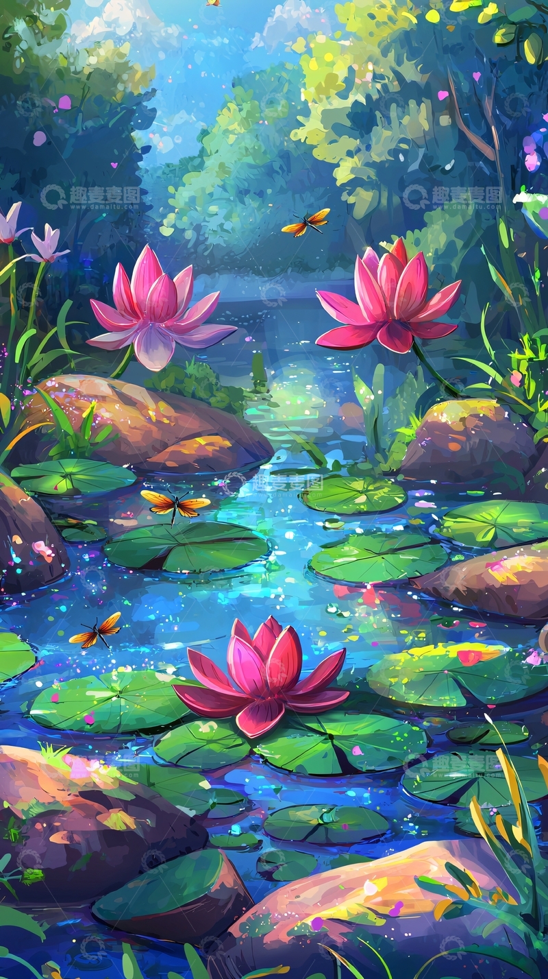 高清大图下载【趣麦麦图】梦幻般粉色莲花溪流