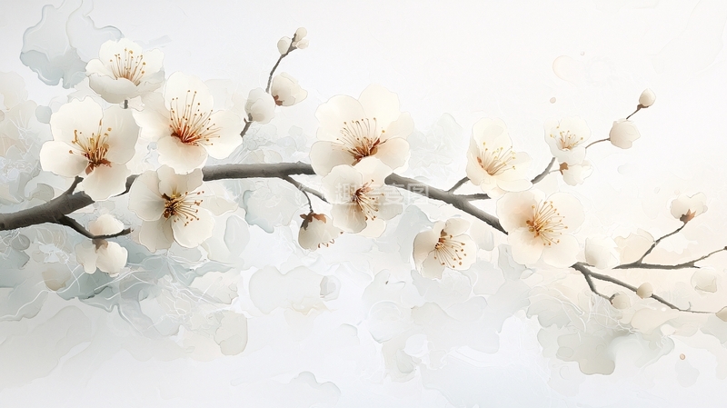 高清大图下载【趣麦麦图】白色梅花枝在水墨背景上