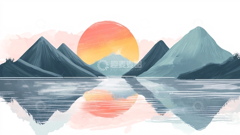 高清大图下载【趣麦麦图】日落山川湖泊倒影