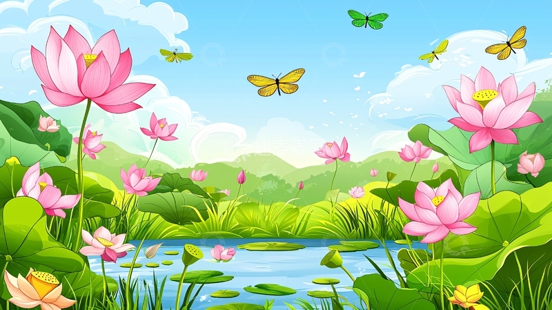 高清大图下载【趣麦麦图】荷花池塘蝴蝶