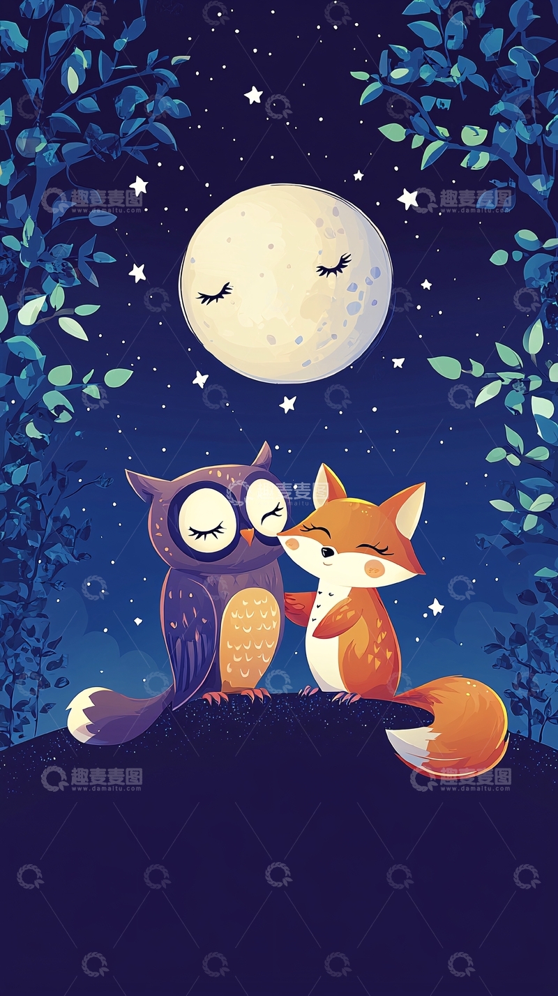 高清大图下载【趣麦麦图】星空下猫头鹰和狐狸亲吻