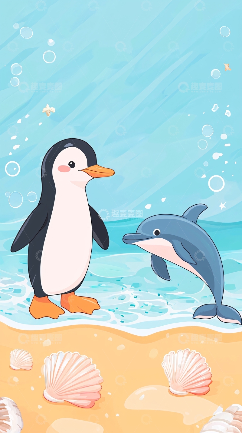 高清大图下载【趣麦麦图】企鹅和海豚的海洋卡通图