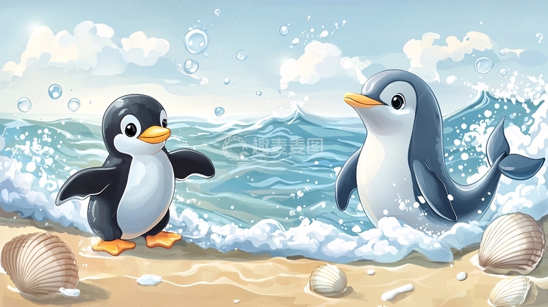 高清大图下载【趣麦麦图】沙滩上玩耍的两只企鹅