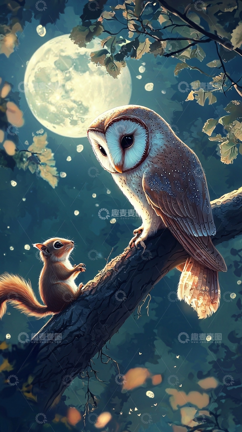 高清大图下载【趣麦麦图】月夜树枝上的猫头鹰与松鼠