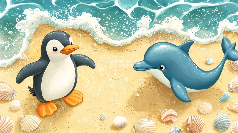 高清大图下载【趣麦麦图】沙滩上企鹅和海豚卡通图