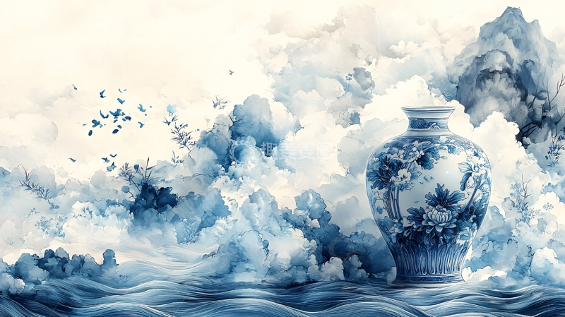 高清大图下载【趣麦麦图】青花瓷花瓶水墨画