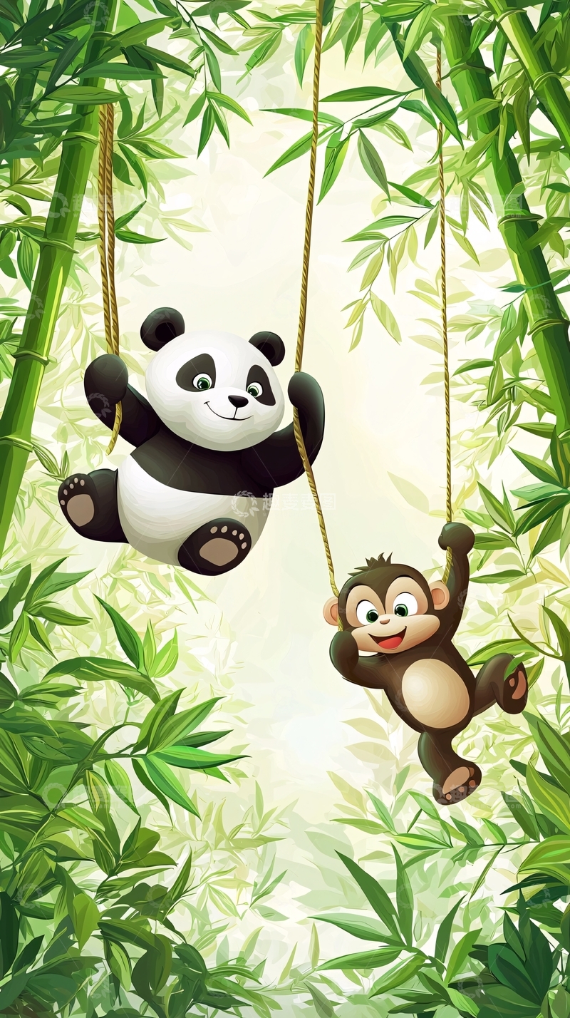 高清大图下载【趣麦麦图】熊猫和猴子荡秋千