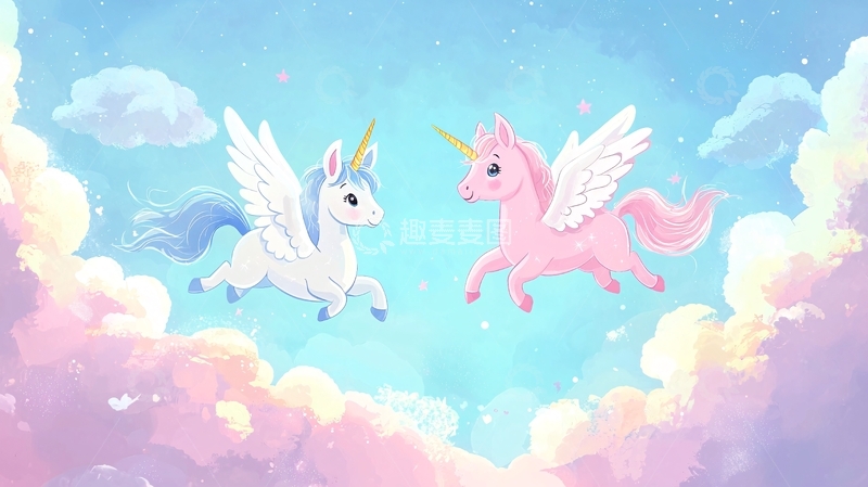 高清大图下载【趣麦麦图】粉色蓝色独角兽飞翔