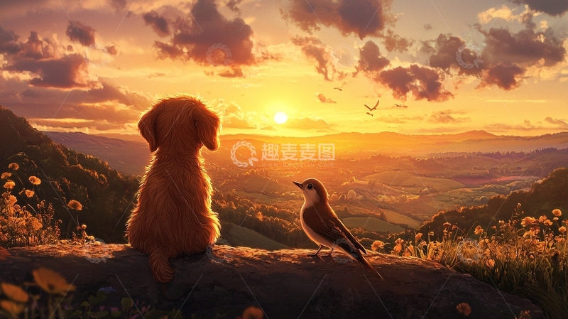 高清大图下载【趣麦麦图】小狗与小鸟黄昏日落