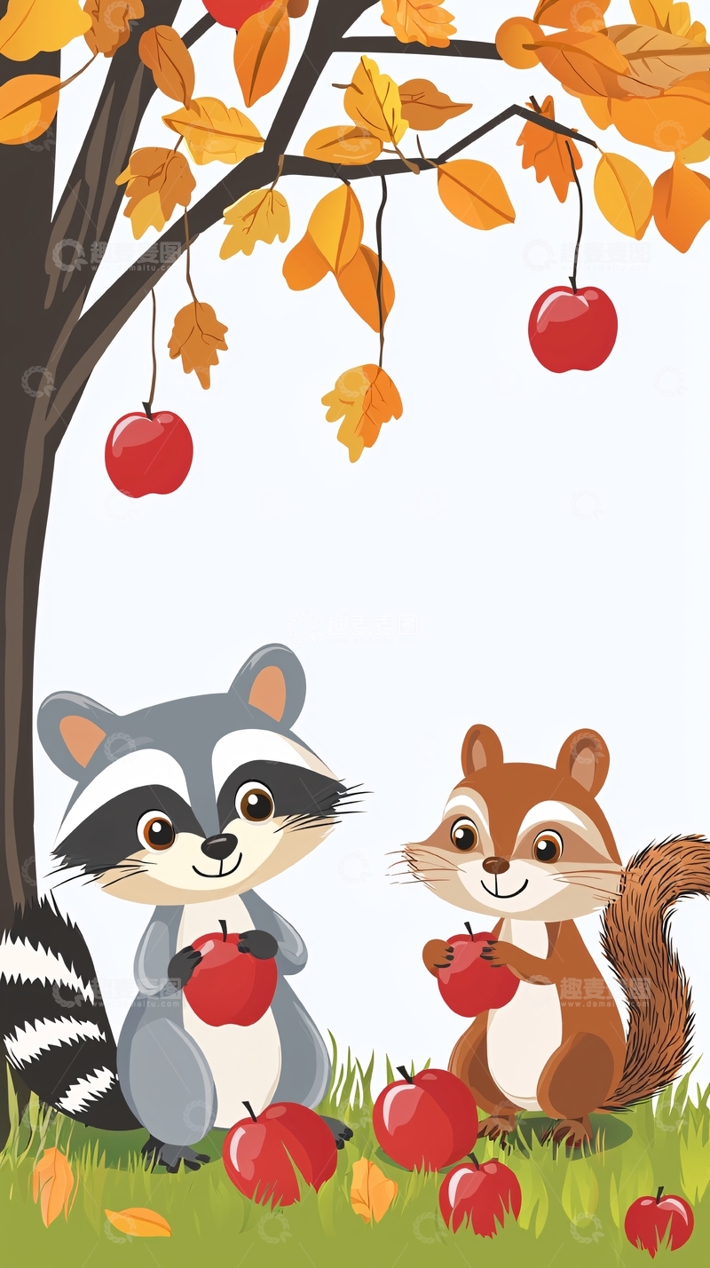 高清大图下载【趣麦麦图】秋天树下浣熊松鼠苹果