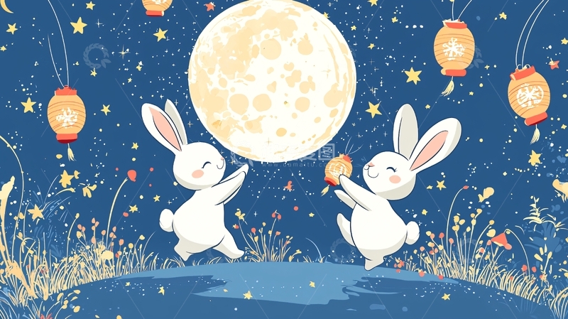 高清大图下载【趣麦麦图】中秋节兔子赏月