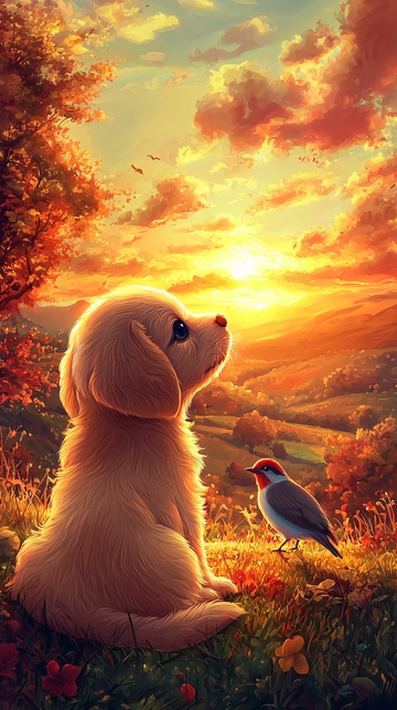 金毛幼犬日落美景