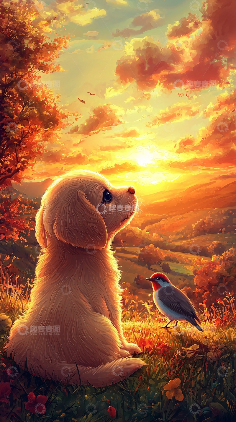 高清大图下载【趣麦麦图】金毛幼犬日落美景