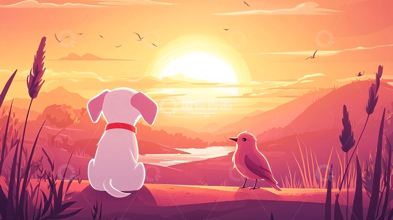 高清大图下载【趣麦麦图】夕阳下的小狗和鸟儿