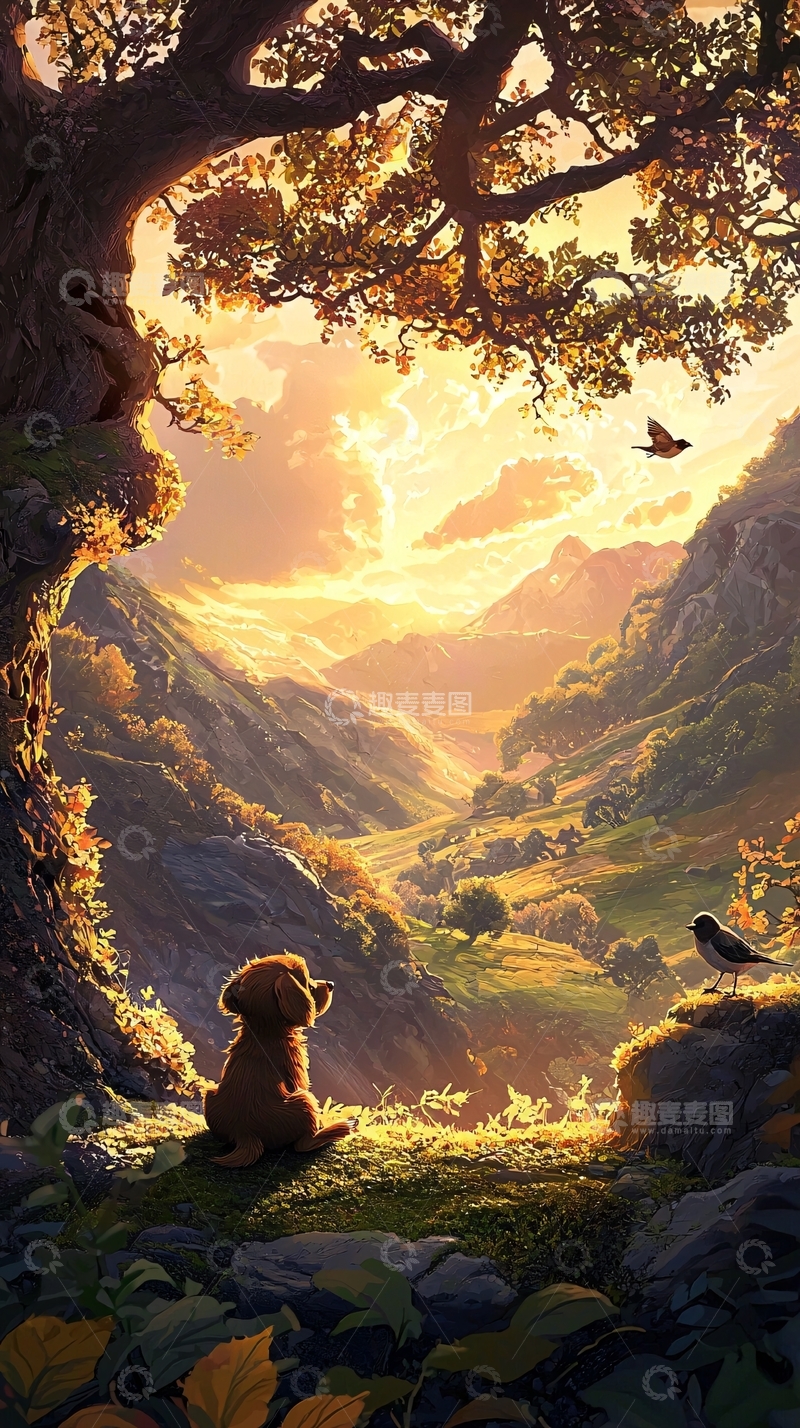 高清大图下载【趣麦麦图】夕阳下的小狗与山谷