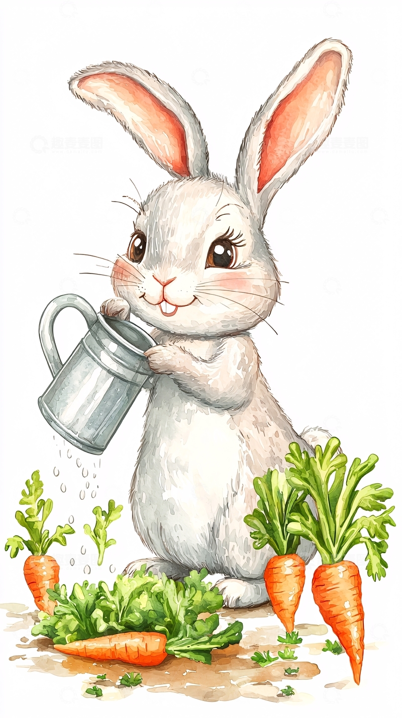 高清大图下载【趣麦麦图】可爱卡通小白兔浇菜