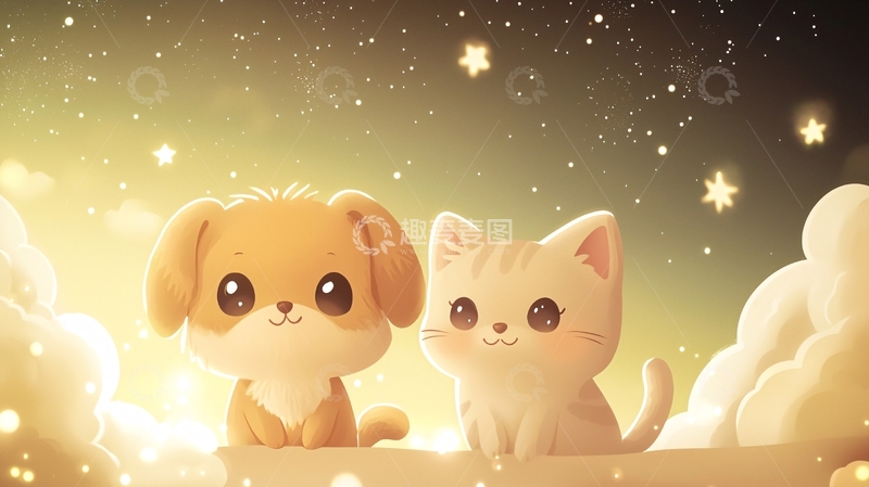 高清大图下载【趣麦麦图】卡通小狗小猫星空