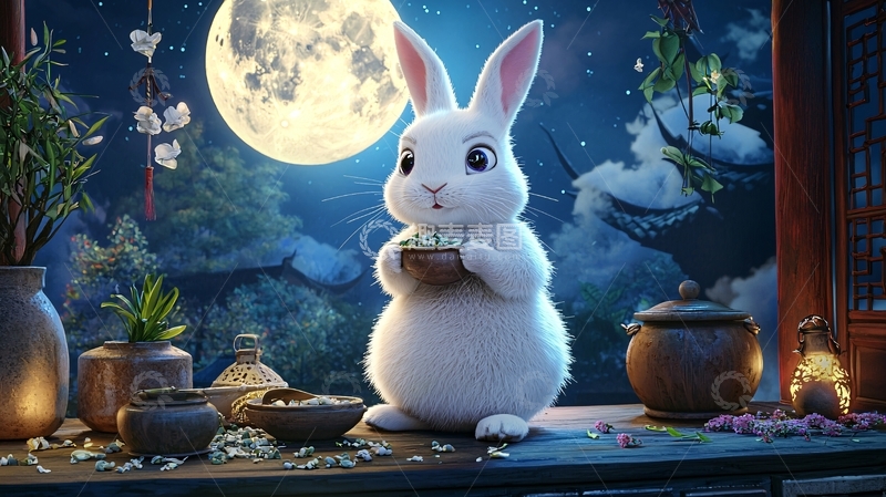 高清大图下载【趣麦麦图】中秋节玉兔捣药
