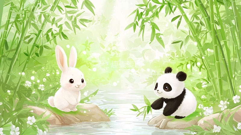 高清大图下载【趣麦麦图】小白兔熊猫竹林溪流