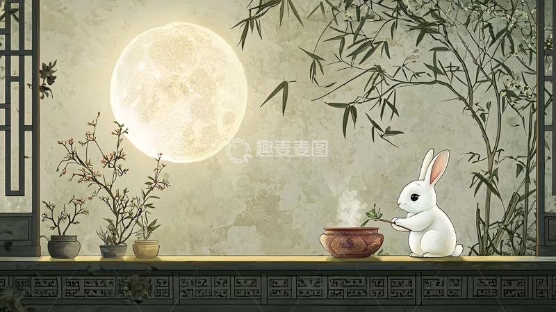 高清大图下载【趣麦麦图】中秋节玉兔捣药