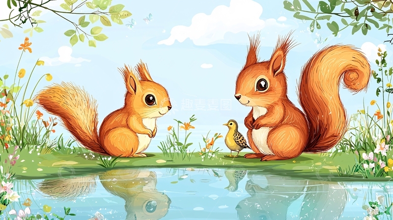 高清大图下载【趣麦麦图】两只小松鼠和一只小鸟