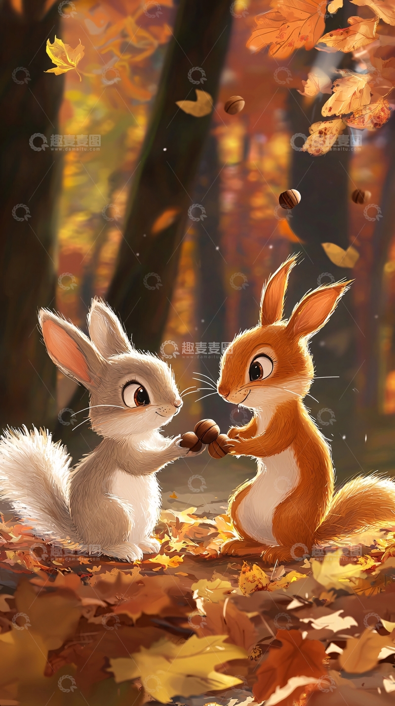 高清大图下载【趣麦麦图】秋天森林小松鼠兔子