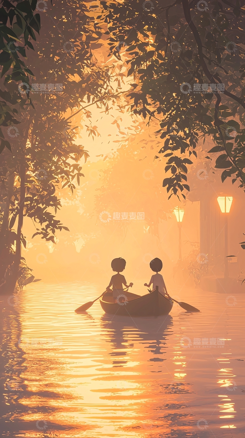 高清大图下载【趣麦麦图】黄昏时分两人划船