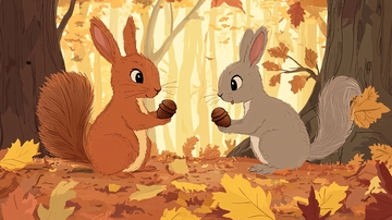 秋日森林里小松鼠交换橡子