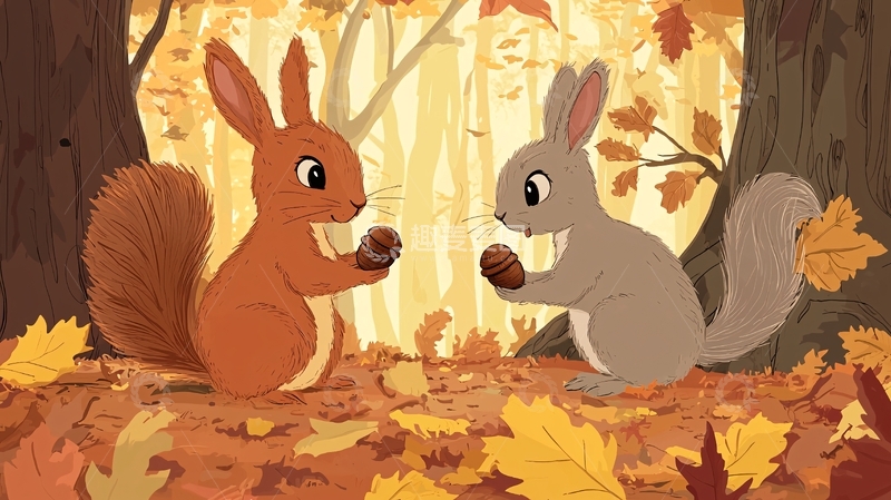 高清大图下载【趣麦麦图】秋日森林里小松鼠交换橡子