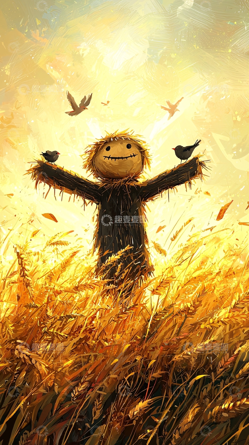 高清大图下载【趣麦麦图】稻草人与飞鸟麦田