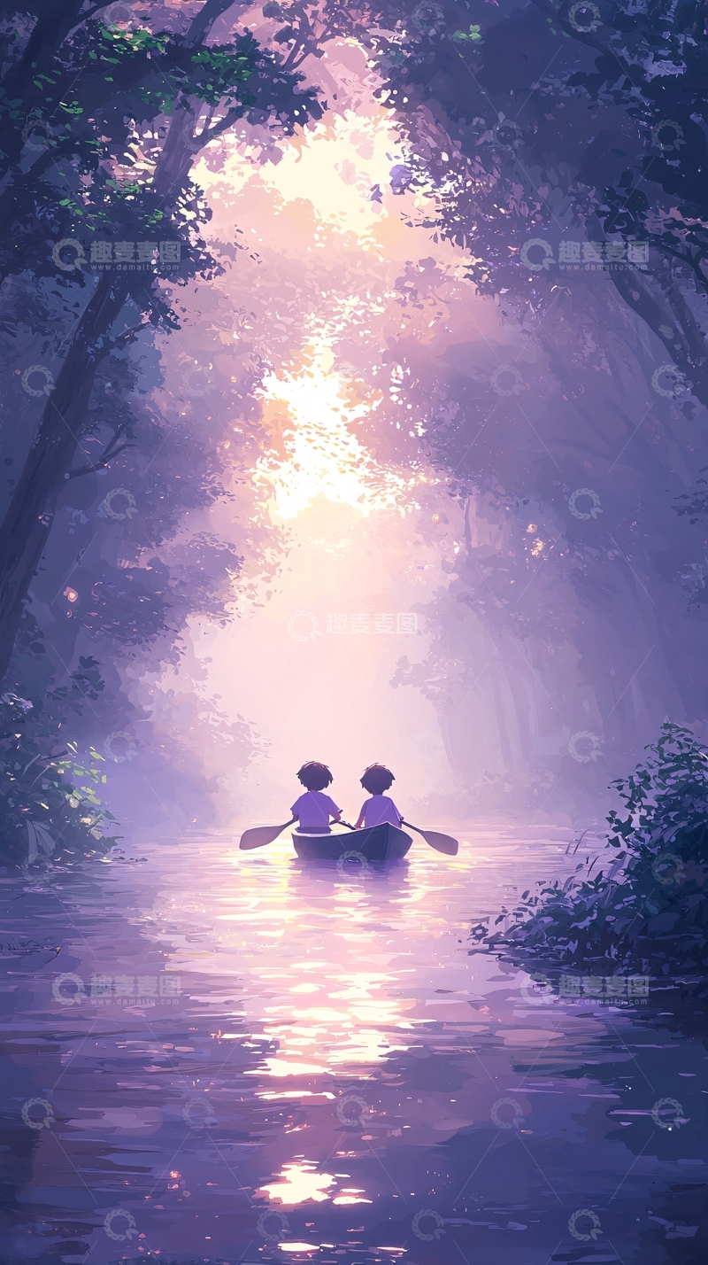 高清大图下载【趣麦麦图】梦幻森林紫雾小船