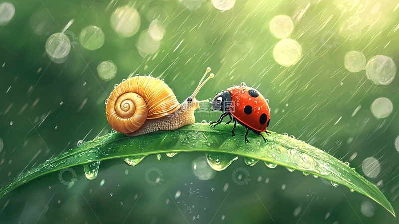高清大图下载【趣麦麦图】雨中蜗牛和瓢虫