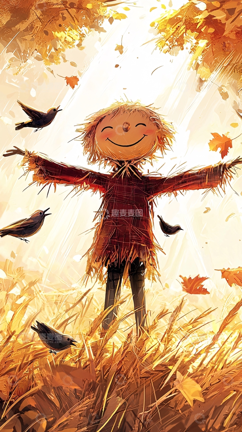 高清大图下载【趣麦麦图】稻草人张开双臂拥抱秋天