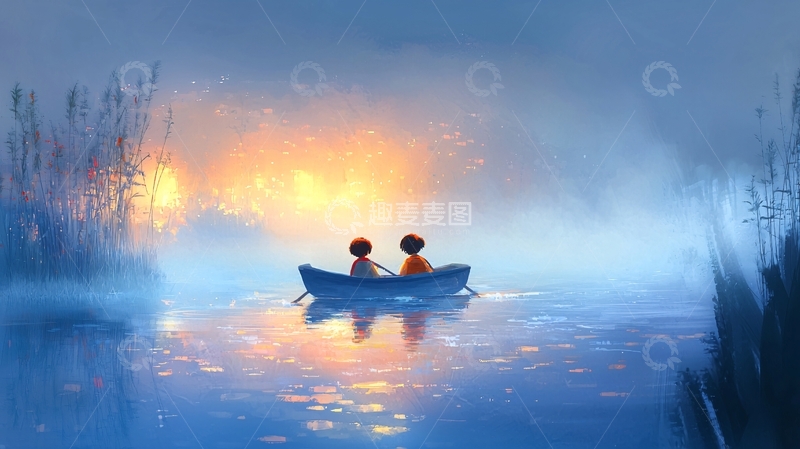 高清大图下载【趣麦麦图】日落湖面两人小船