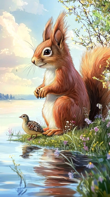 小松鼠和一只小鸟在湖边