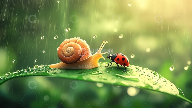 高清大图下载【趣麦麦图】雨中蜗牛和瓢虫