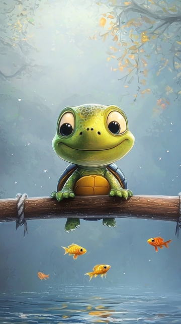 可爱小乌龟看鱼