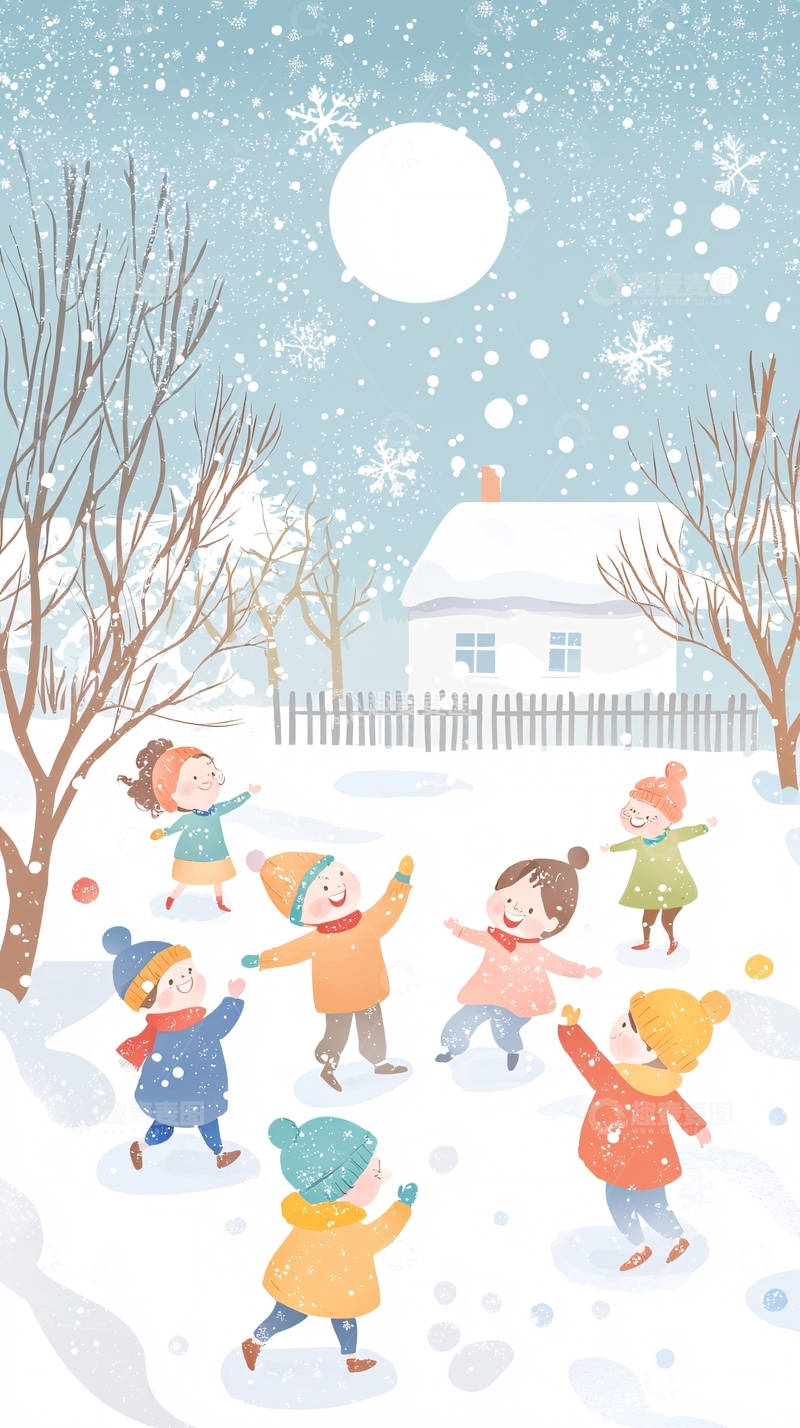 高清大图下载【趣麦麦图】下雪天孩子们玩耍