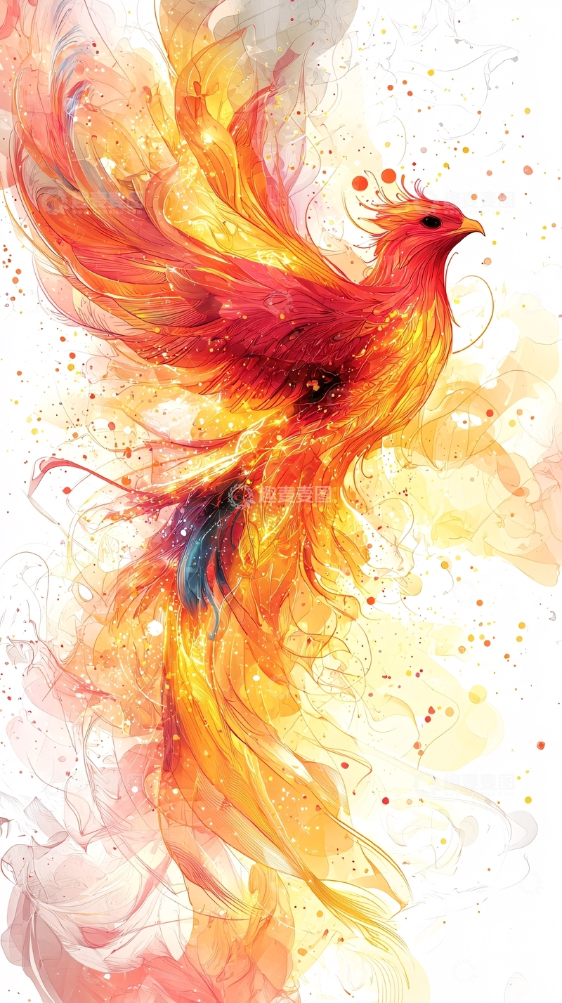 高清大图下载【趣麦麦图】燃烧的凤凰水彩绘画