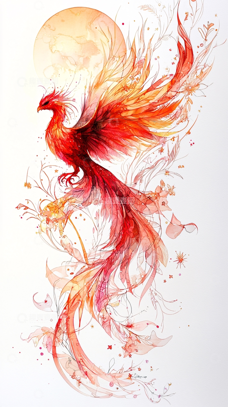 高清大图下载【趣麦麦图】火焰凤凰水彩画