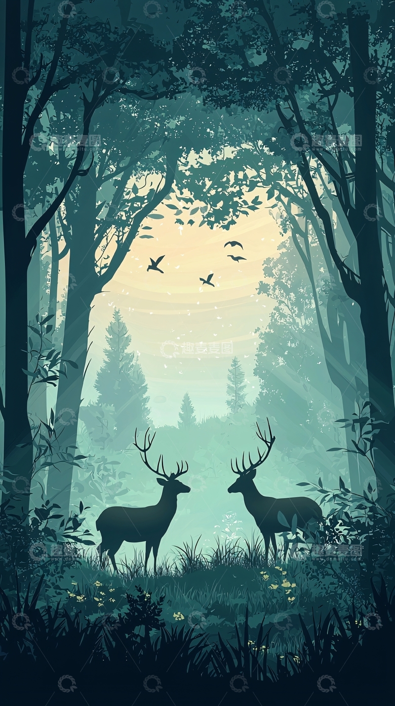 高清大图下载【趣麦麦图】森林深处两只雄鹿