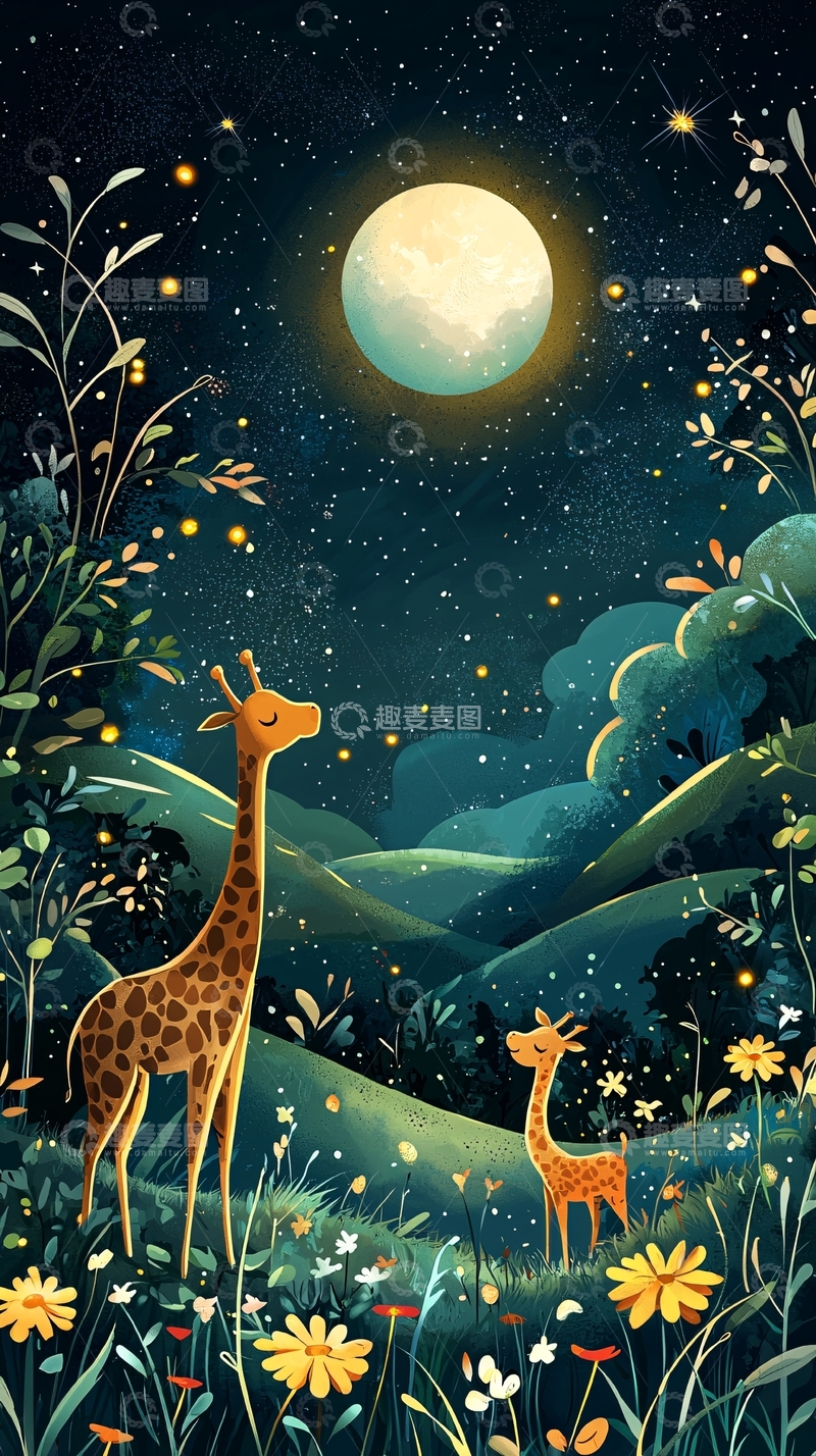高清大图下载【趣麦麦图】星空下长颈鹿和鹿