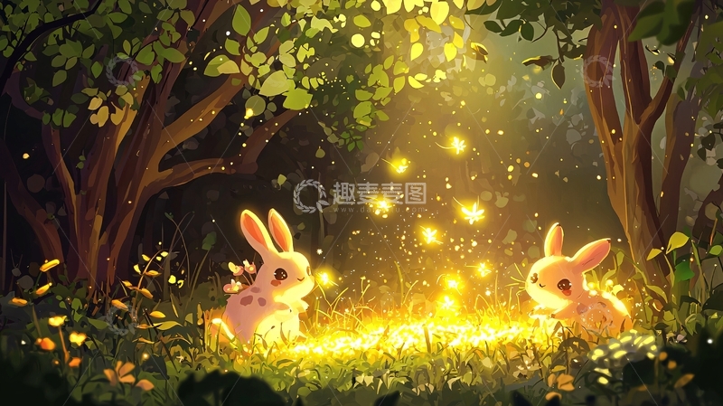 高清大图下载【趣麦麦图】萤火虫环绕的森林兔子