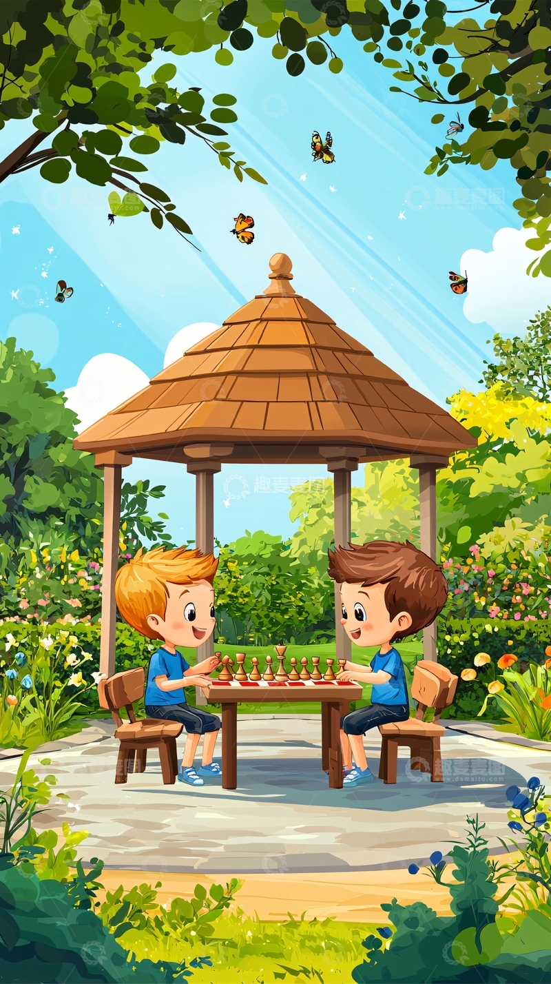 高清大图下载【趣麦麦图】公园里下棋的两个男孩