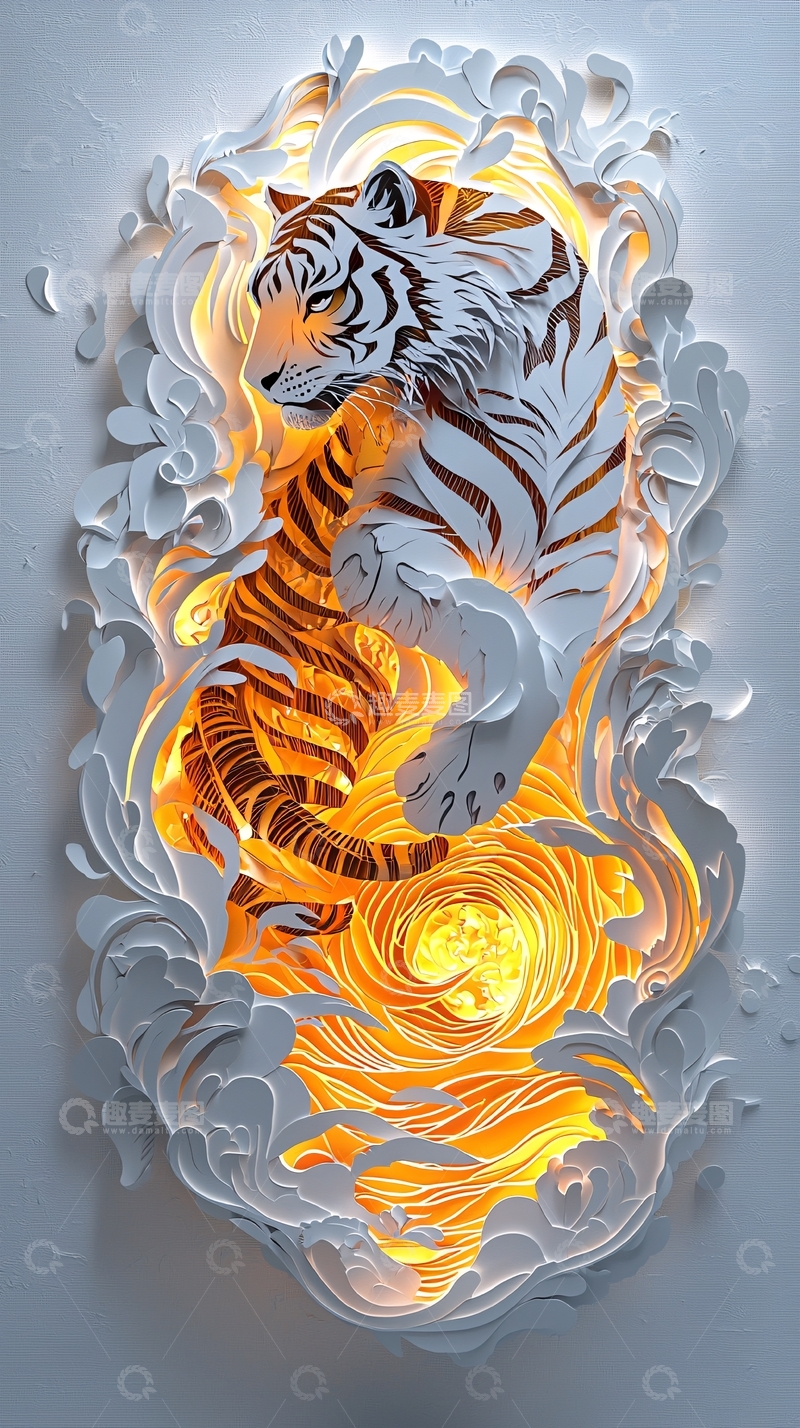高清大图下载【趣麦麦图】白色老虎与火焰漩涡