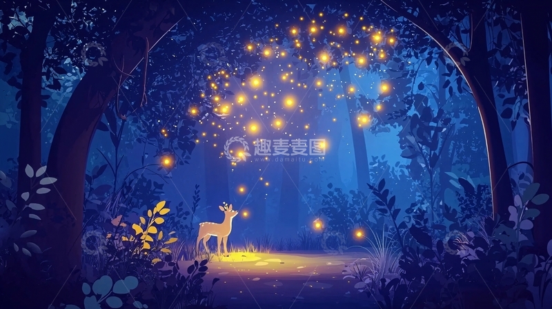 高清大图下载【趣麦麦图】梦幻森林萤火鹿